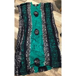 J Lee Batik Print Kaftan Maxi Dress Teal Black White Boho Loungewear One Size